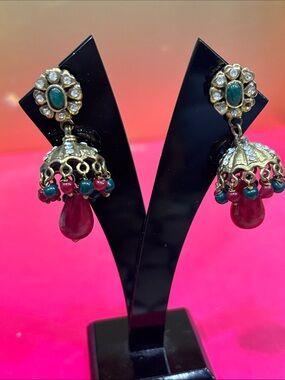 Gold-Tone Pink and Teal Jhumka Earrings - Traditional Women’s Jewelry